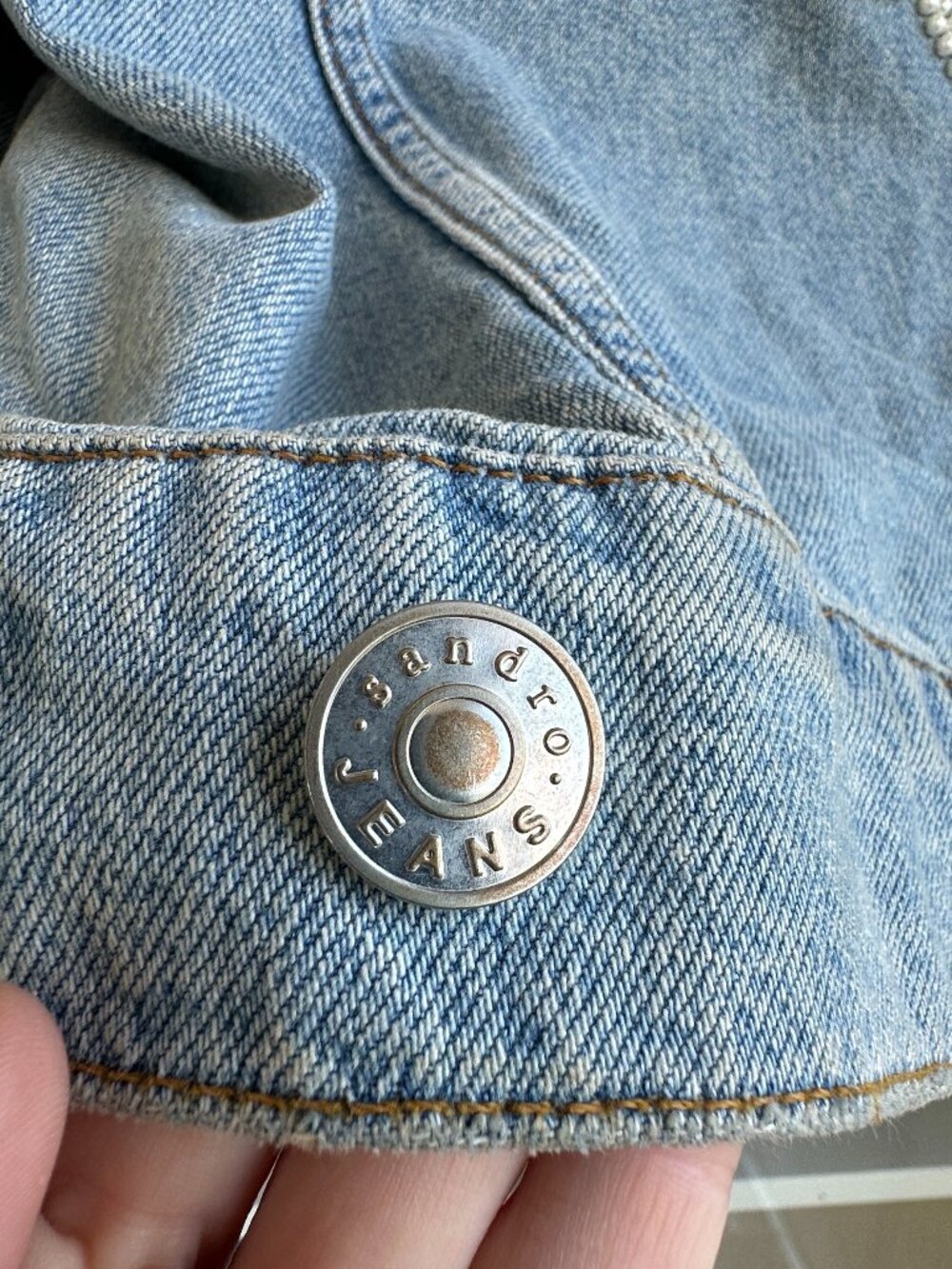 Sandro Pearl Embellished Oversized Distressed Denim Jean Jacket Size small - Picture 16 of 16